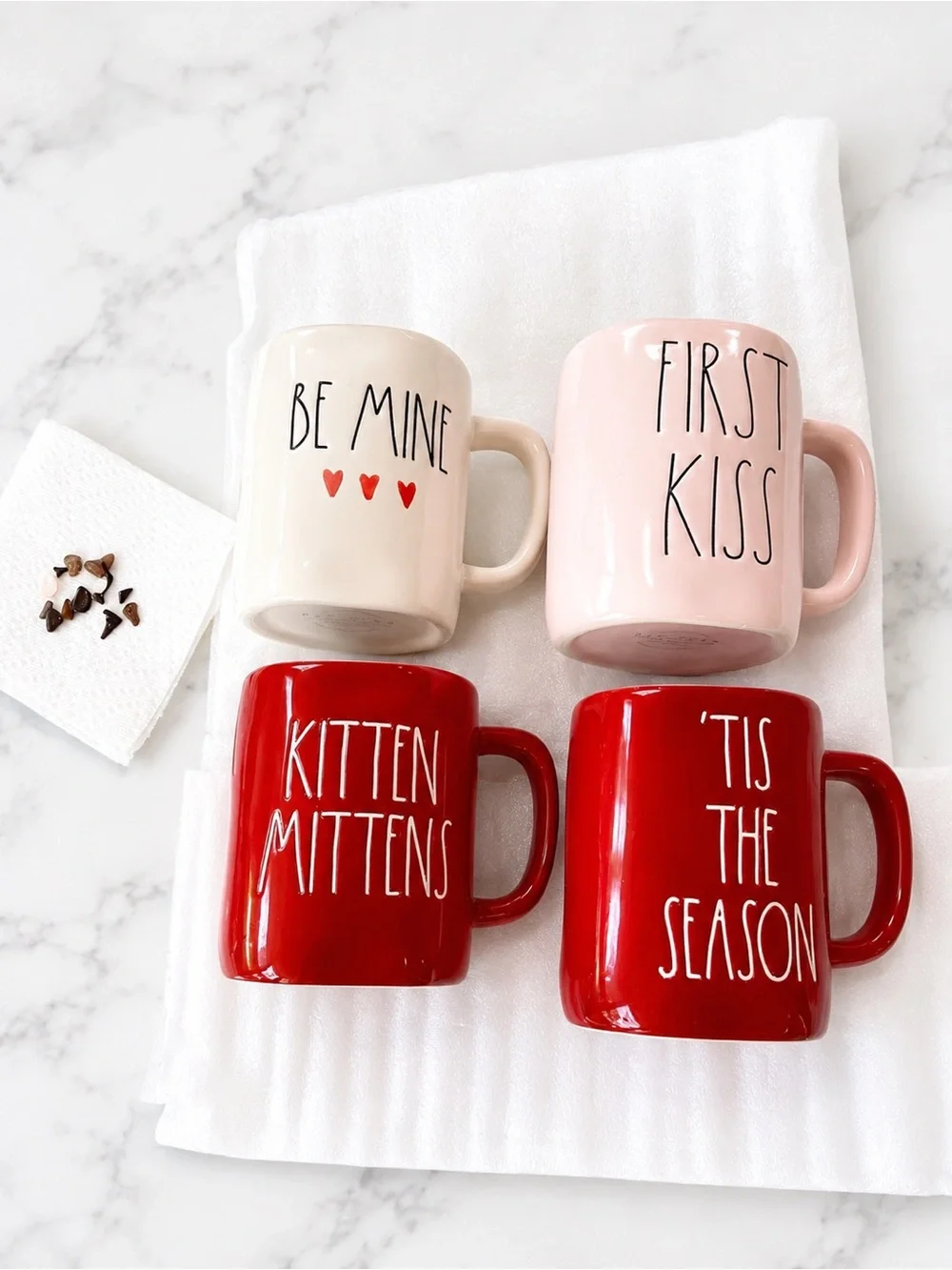 Rae Dunn Set of 4 Ceramic Mugs - Red, Pink, Cream